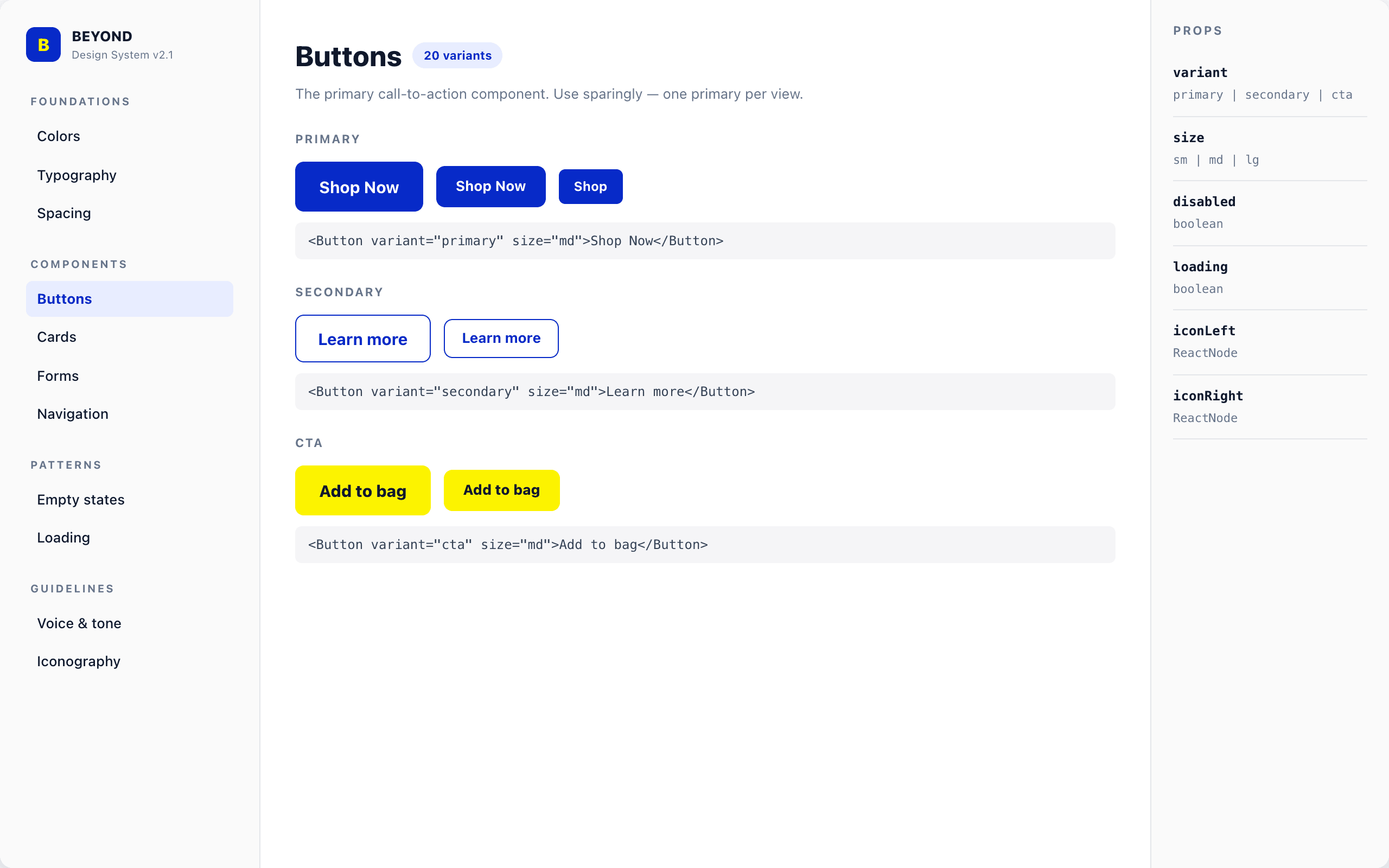 BEYOND design system — button variants in primary, secondary, and CTA styles