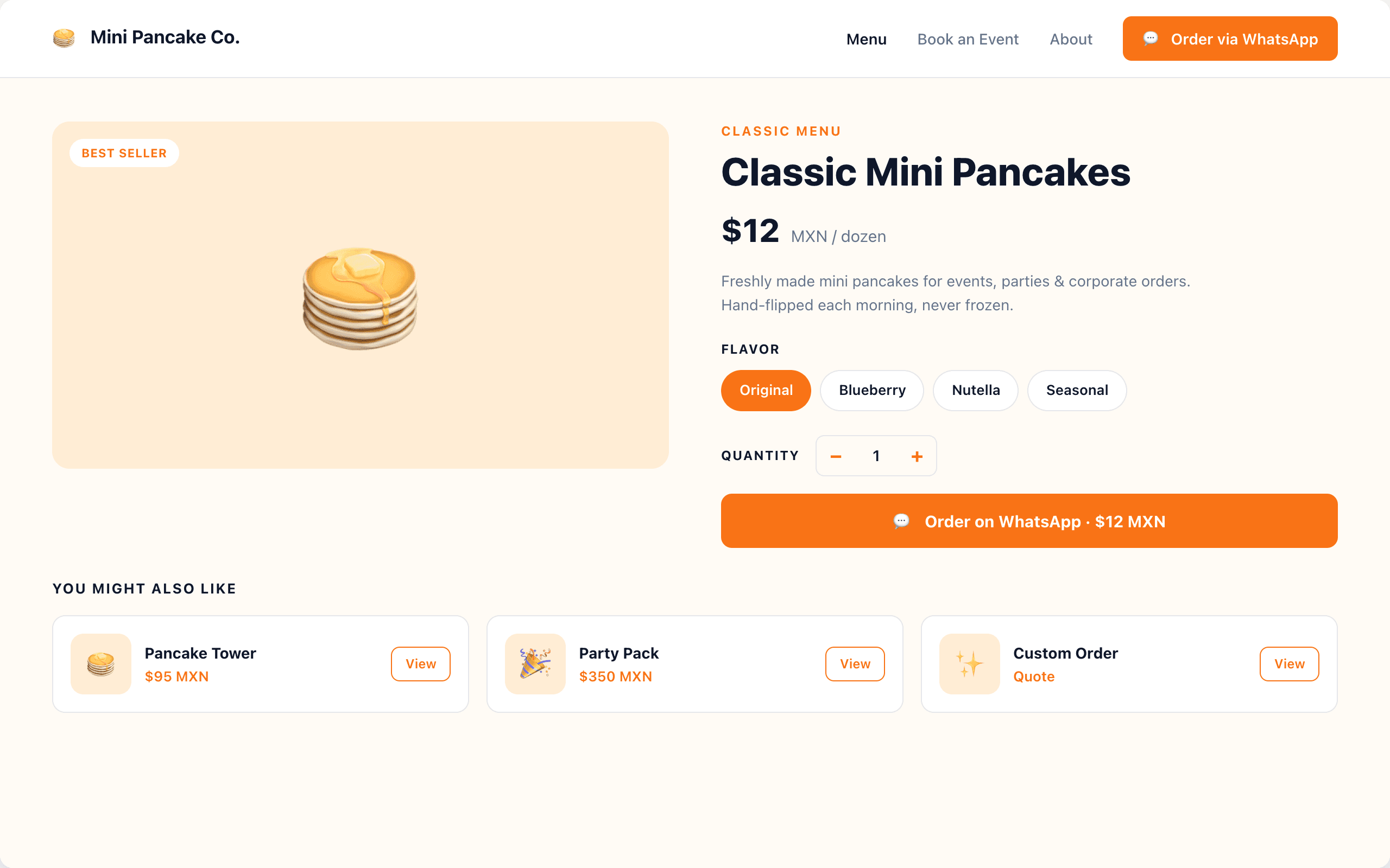 Mini Pancake Co. shop page with WhatsApp checkout