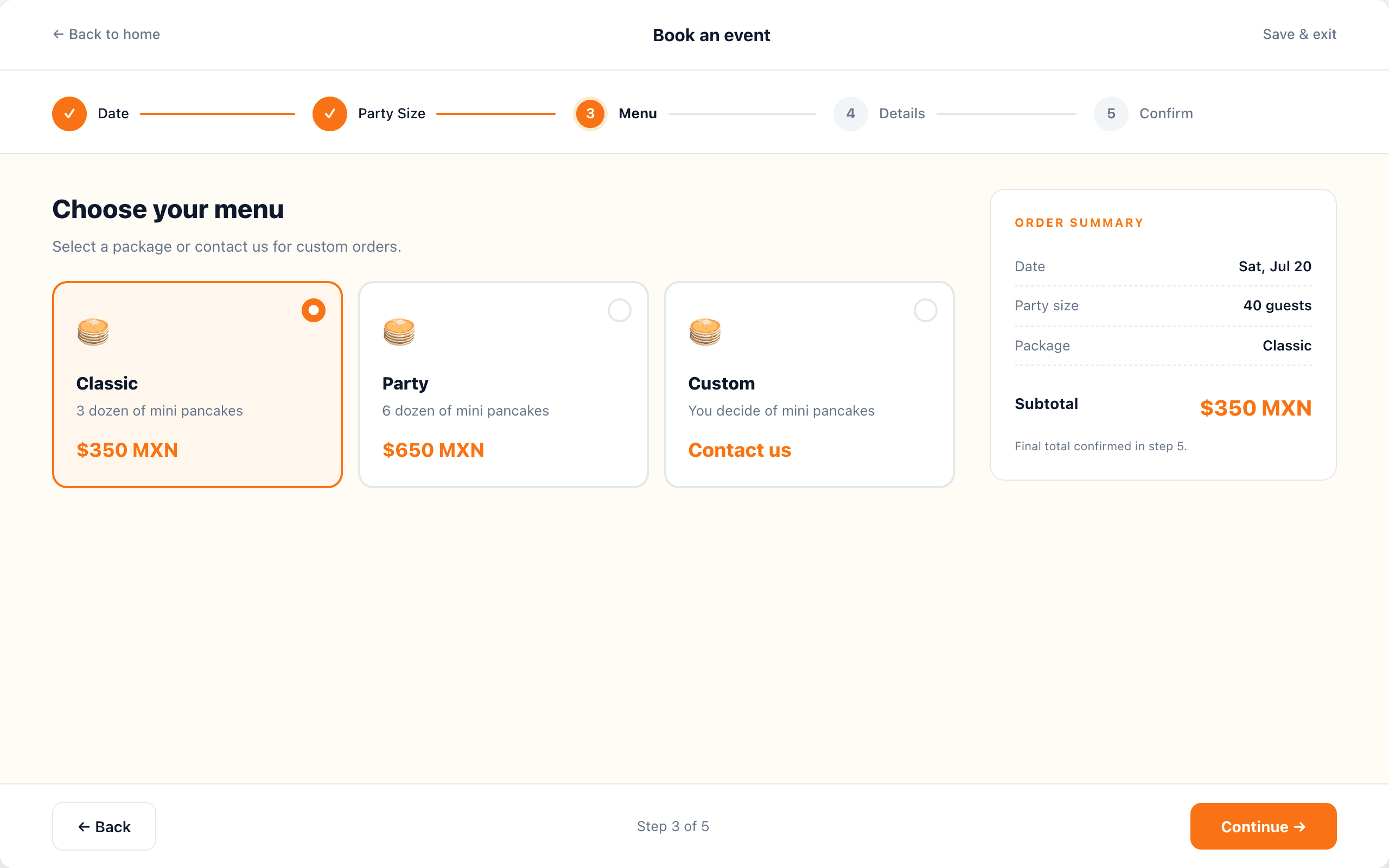 Booking wizard step 3 — menu selection