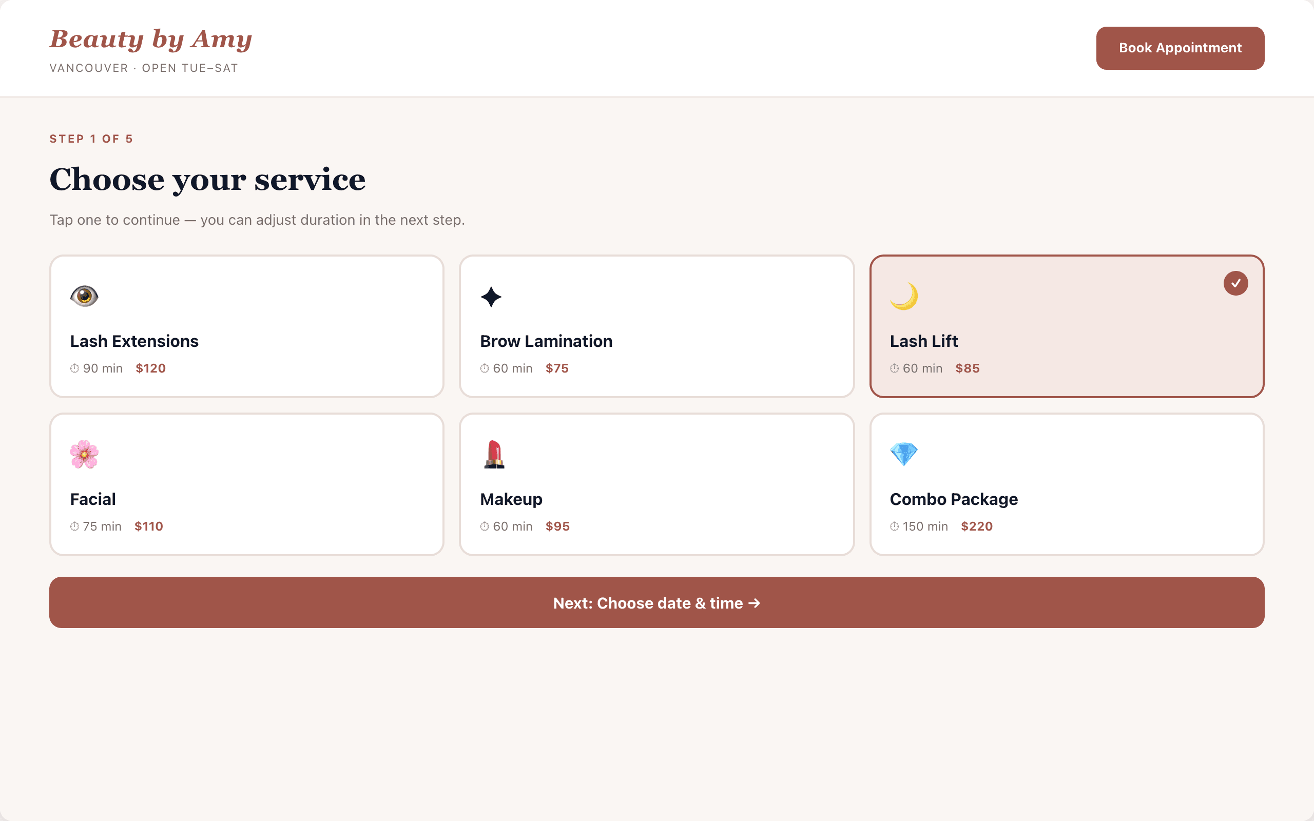 Beauty by Amy service selection grid